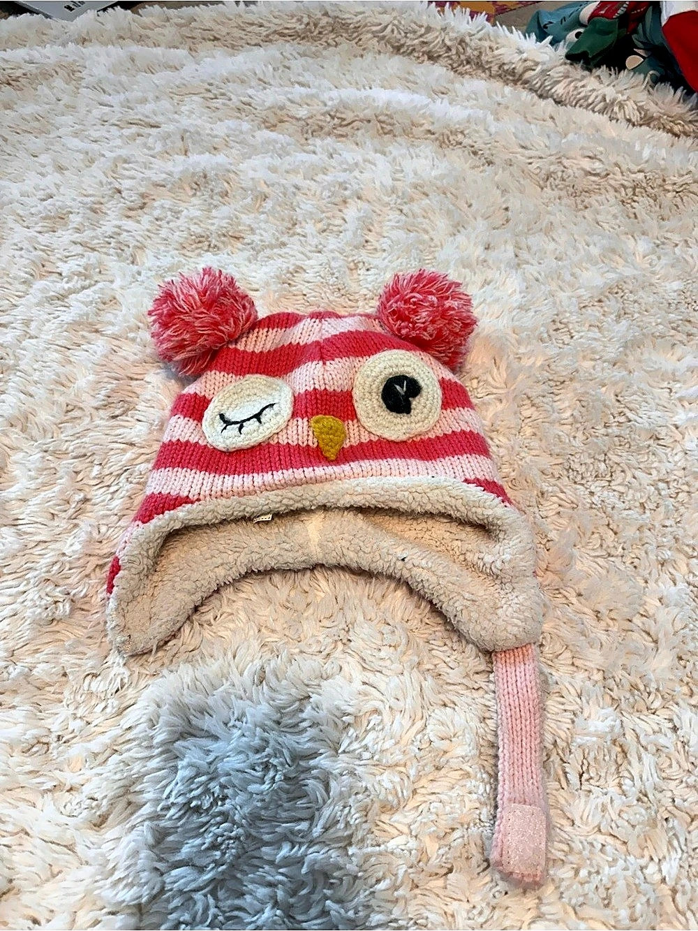Striped Owl Earflap Hat in Pink & White
